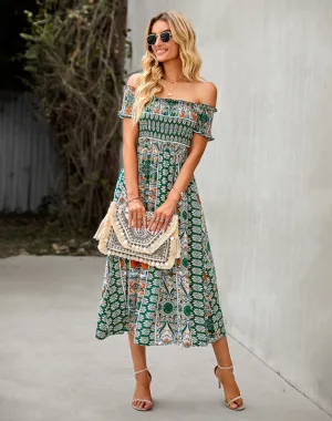 BerryBetty - Floral Off Shoulder Puff Sleeve Maxi Dress Vintage Boho Holiday Slash Neck Waist Tight Split Dress