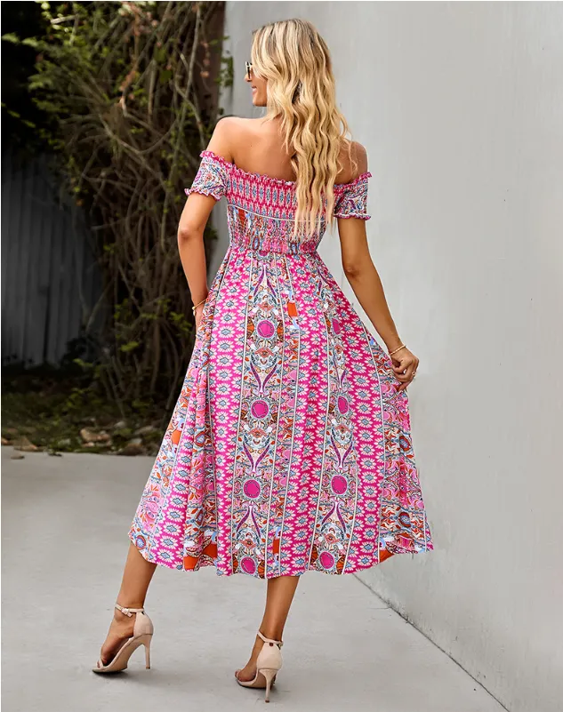 BerryBetty - Floral Off Shoulder Puff Sleeve Maxi Dress Vintage Boho Holiday Slash Neck Waist Tight Split Dress