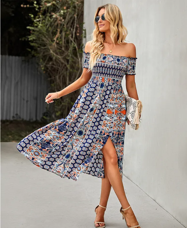 BerryBetty - Floral Off Shoulder Puff Sleeve Maxi Dress Vintage Boho Holiday Slash Neck Waist Tight Split Dress