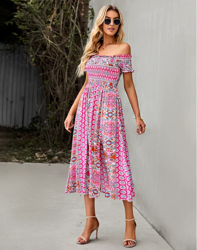 BerryBetty - Floral Off Shoulder Puff Sleeve Maxi Dress Vintage Boho Holiday Slash Neck Waist Tight Split Dress