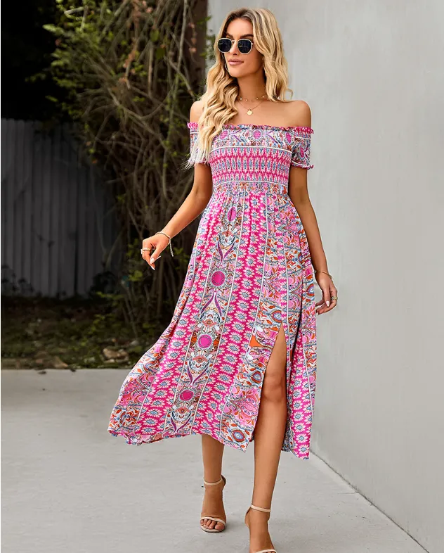 BerryBetty - Floral Off Shoulder Puff Sleeve Maxi Dress Vintage Boho Holiday Slash Neck Waist Tight Split Dress