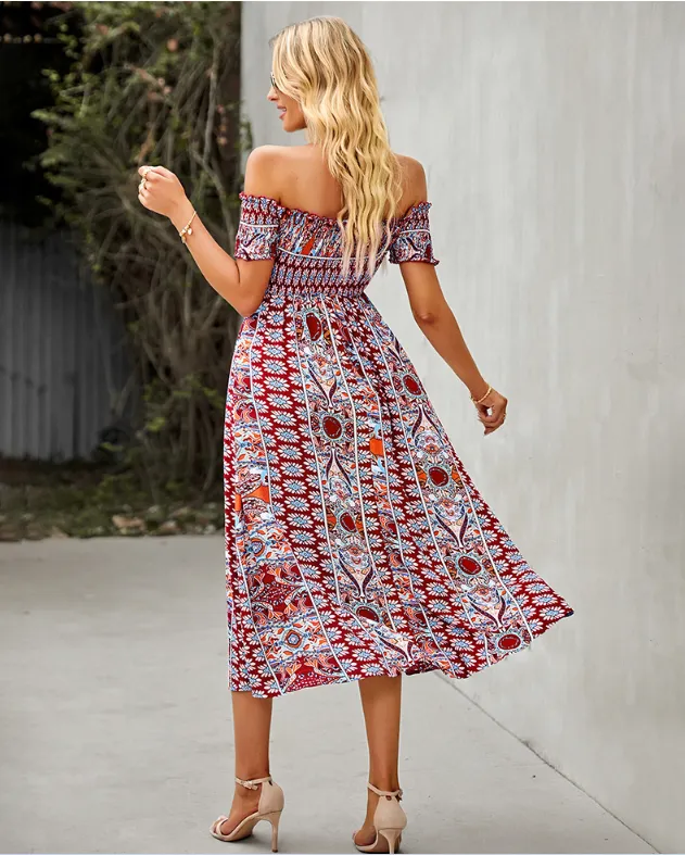 BerryBetty - Floral Off Shoulder Puff Sleeve Maxi Dress Vintage Boho Holiday Slash Neck Waist Tight Split Dress