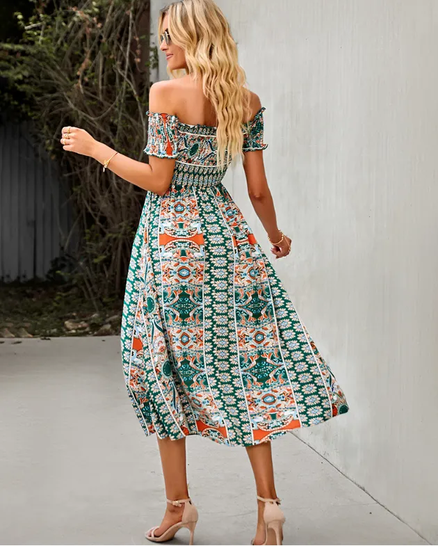 BerryBetty - Floral Off Shoulder Puff Sleeve Maxi Dress Vintage Boho Holiday Slash Neck Waist Tight Split Dress