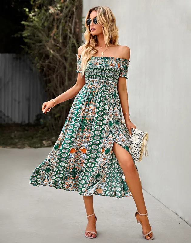 BerryBetty - Floral Off Shoulder Puff Sleeve Maxi Dress Vintage Boho Holiday Slash Neck Waist Tight Split Dress
