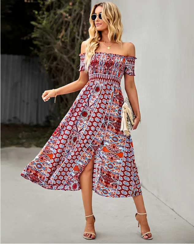BerryBetty - Floral Off Shoulder Puff Sleeve Maxi Dress Vintage Boho Holiday Slash Neck Waist Tight Split Dress