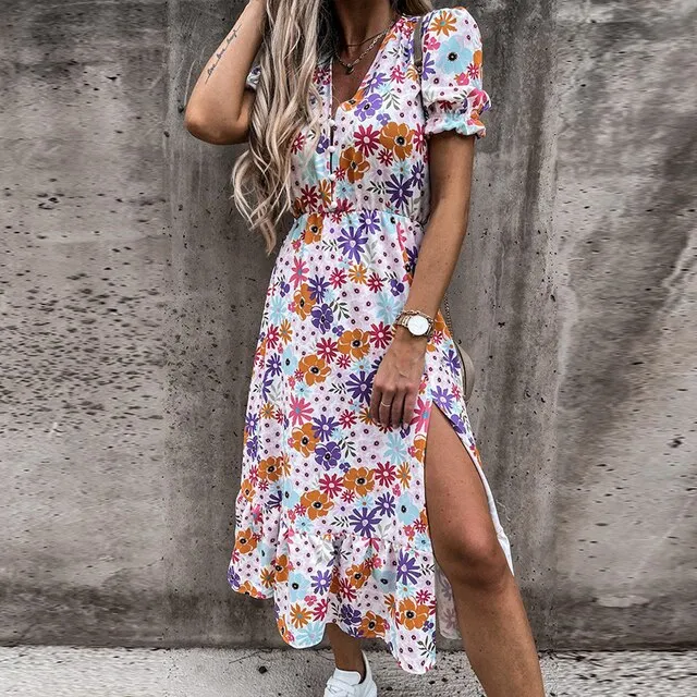 BerryBetty - Women Floral Print V Neck Side Slit Party Dress Spring Autumn Long Sleeve Elegant Ladies Sexy Elastic Waist Slim Dress Vestidos