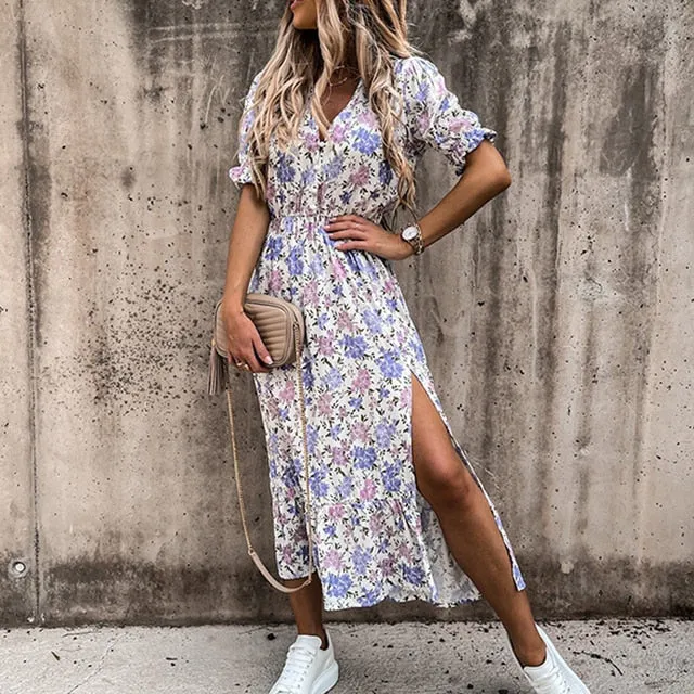 BerryBetty - Women Floral Print V Neck Side Slit Party Dress Spring Autumn Long Sleeve Elegant Ladies Sexy Elastic Waist Slim Dress Vestidos