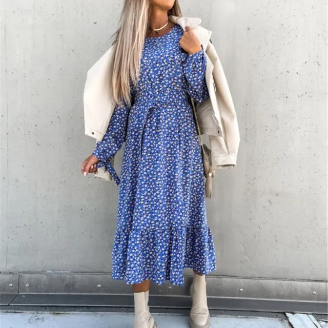 BerryBetty - Women Floral Print V Neck Side Slit Party Dress Spring Autumn Long Sleeve Elegant Ladies Sexy Elastic Waist Slim Dress Vestidos