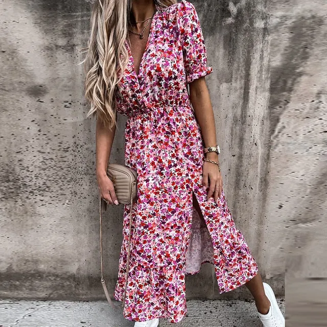 BerryBetty - Women Floral Print V Neck Side Slit Party Dress Spring Autumn Long Sleeve Elegant Ladies Sexy Elastic Waist Slim Dress Vestidos