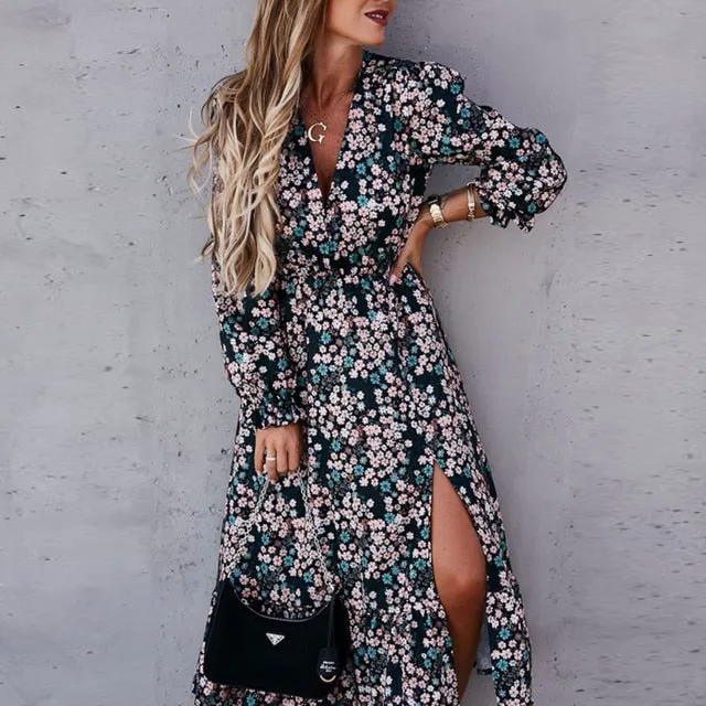 BerryBetty - Women Floral Print V Neck Side Slit Party Dress Spring Autumn Long Sleeve Elegant Ladies Sexy Elastic Waist Slim Dress Vestidos