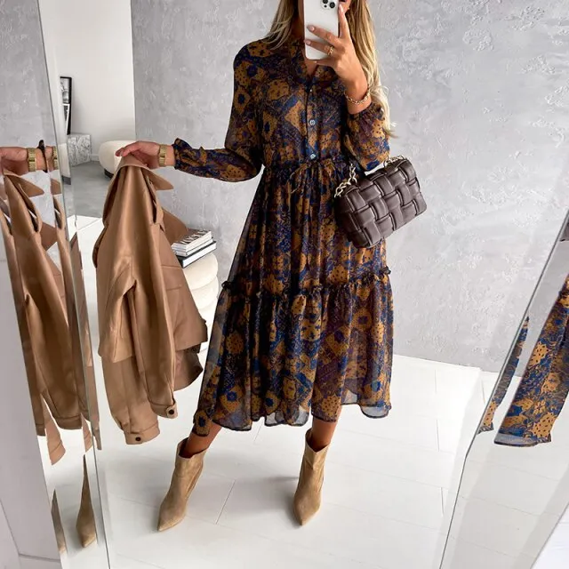 BerryBetty - Women Floral Print V Neck Side Slit Party Dress Spring Autumn Long Sleeve Elegant Ladies Sexy Elastic Waist Slim Dress Vestidos