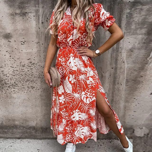 BerryBetty - Women Floral Print V Neck Side Slit Party Dress Spring Autumn Long Sleeve Elegant Ladies Sexy Elastic Waist Slim Dress Vestidos