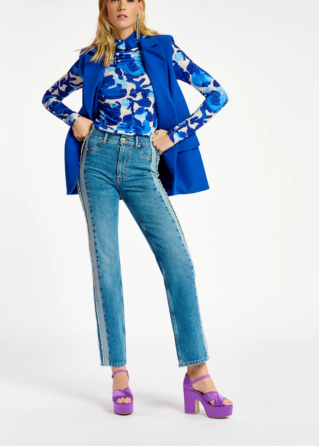 Blue denim straight-leg jeans with inside-out look