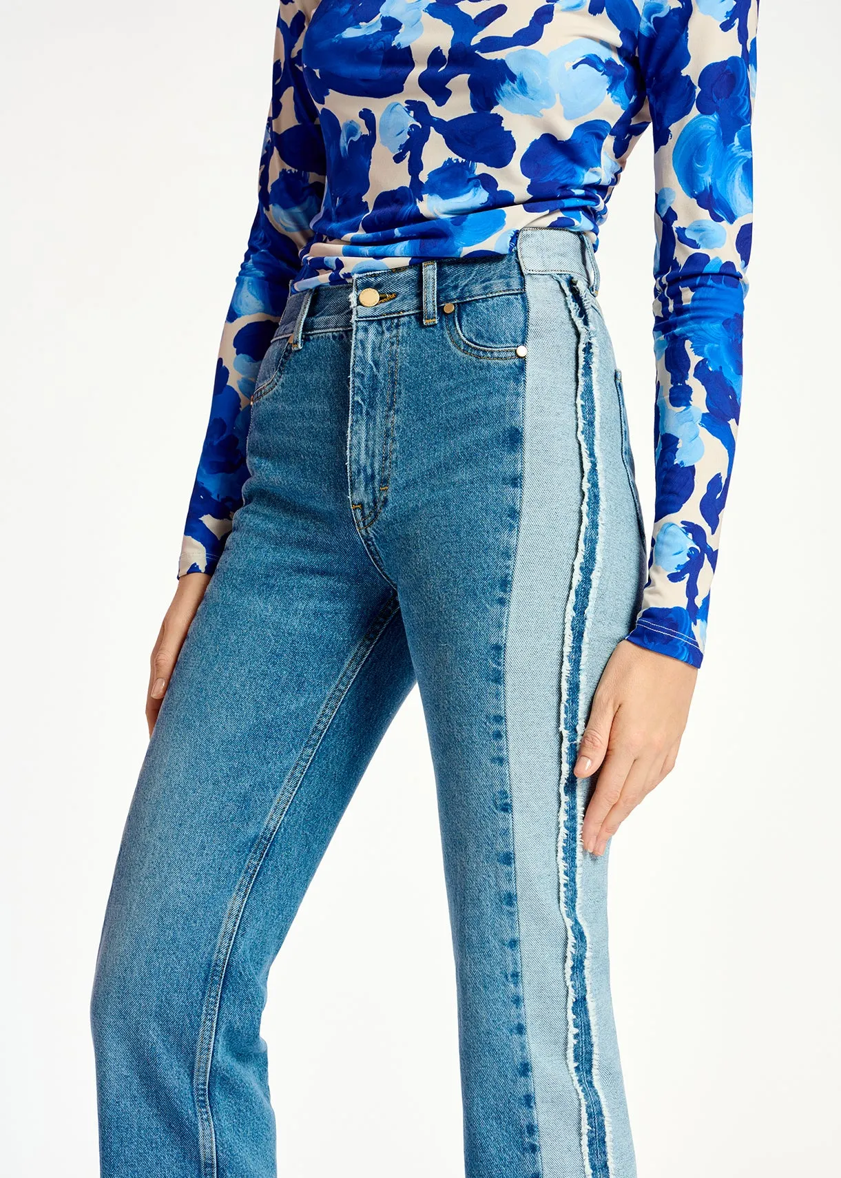 Blue denim straight-leg jeans with inside-out look