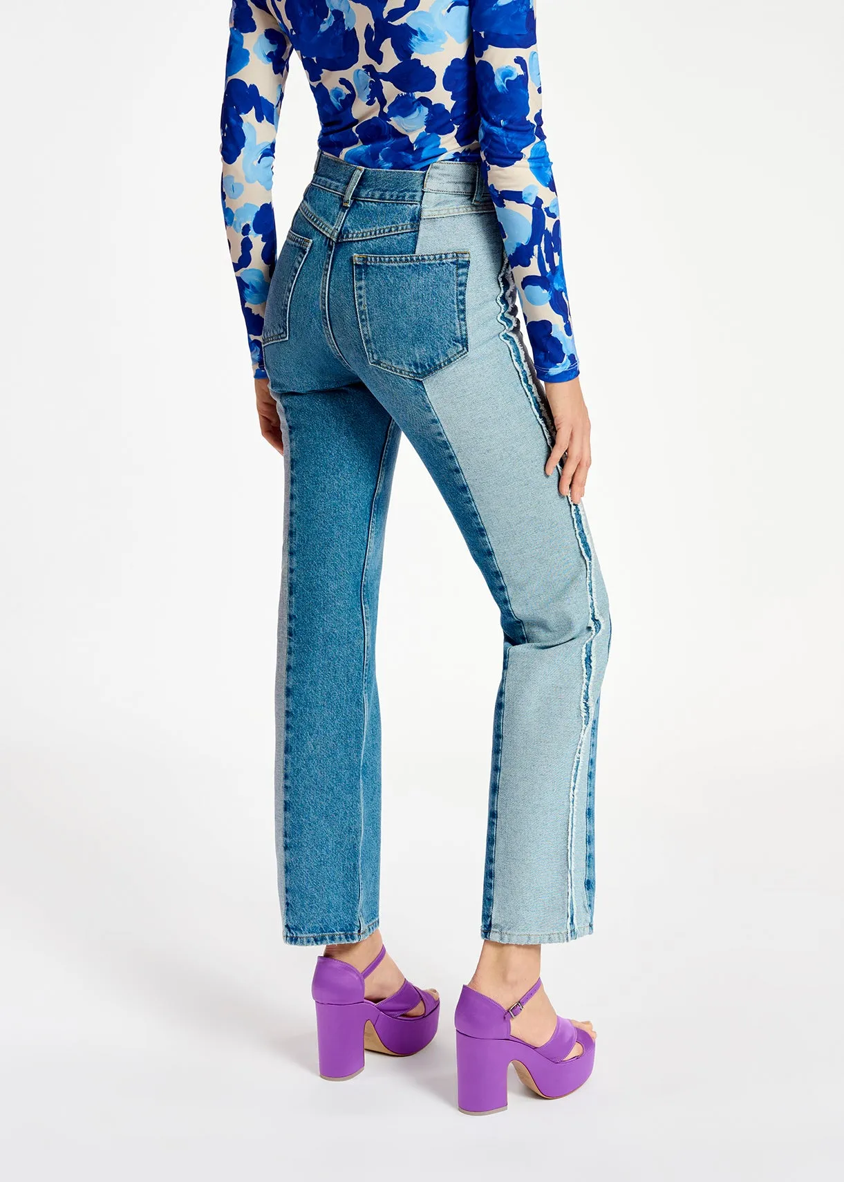 Blue denim straight-leg jeans with inside-out look