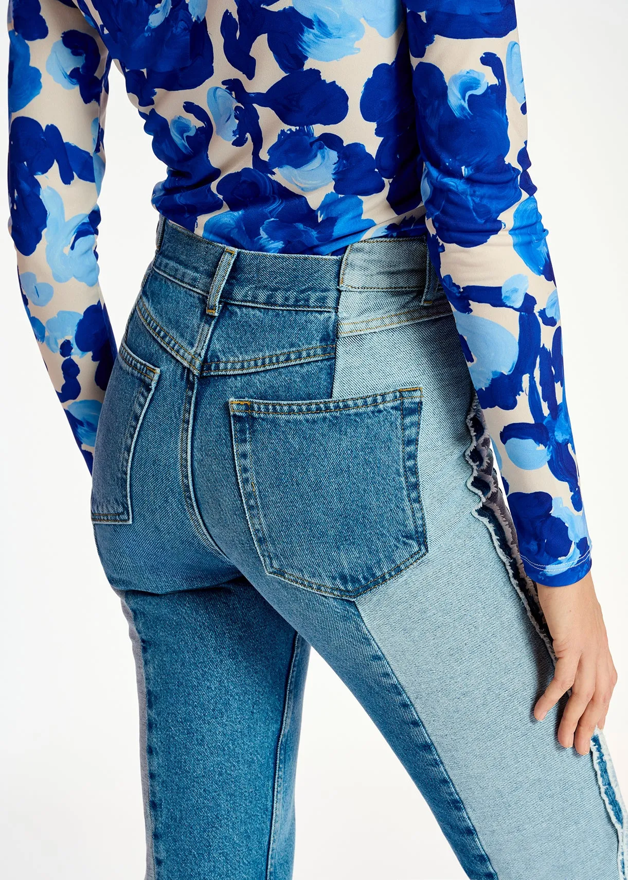 Blue denim straight-leg jeans with inside-out look
