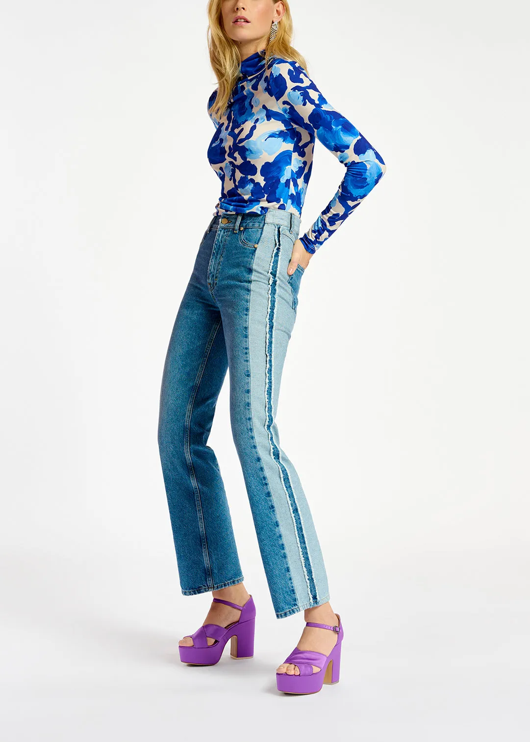 Blue denim straight-leg jeans with inside-out look