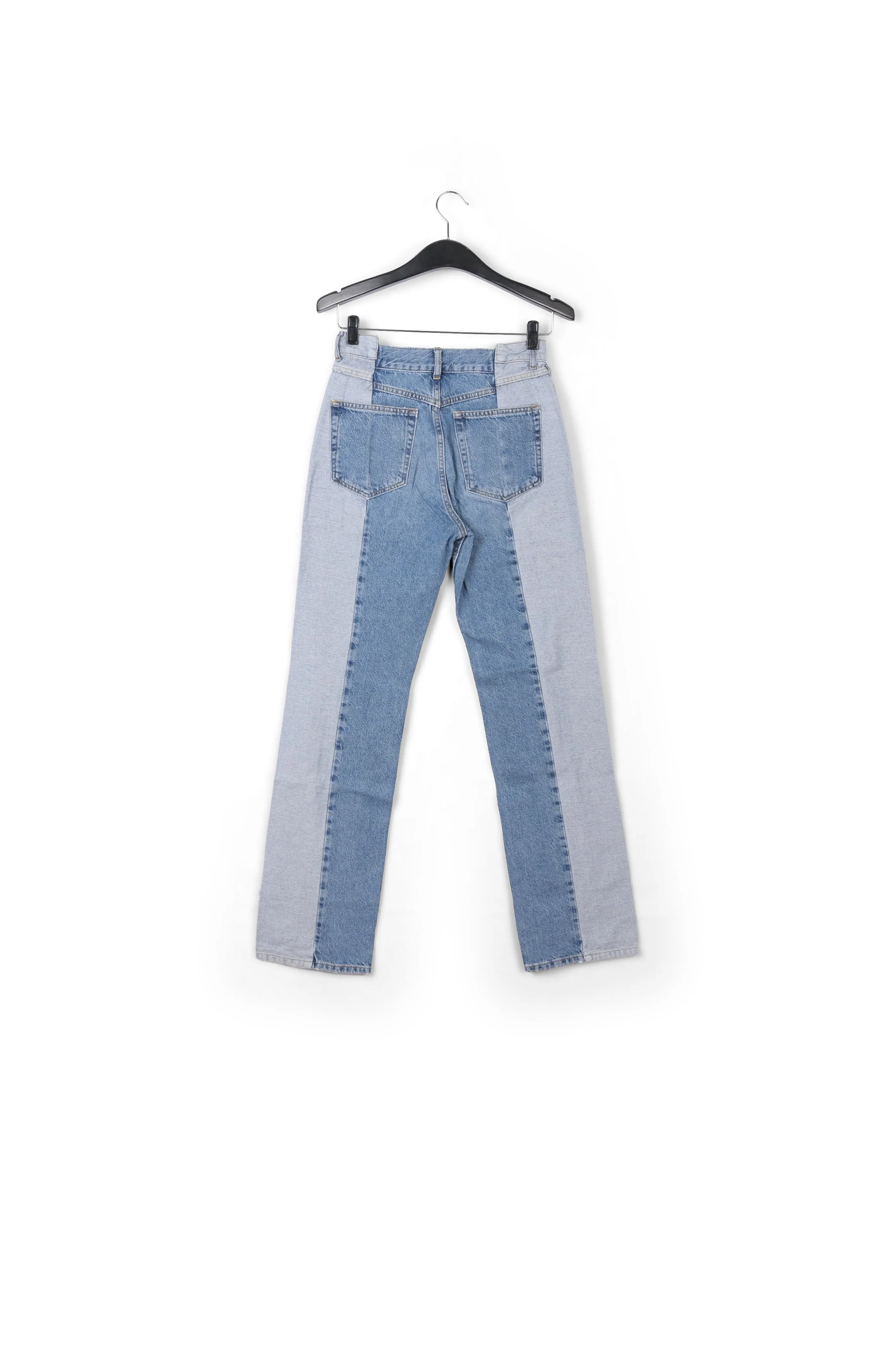 Blue denim straight-leg jeans with inside-out look