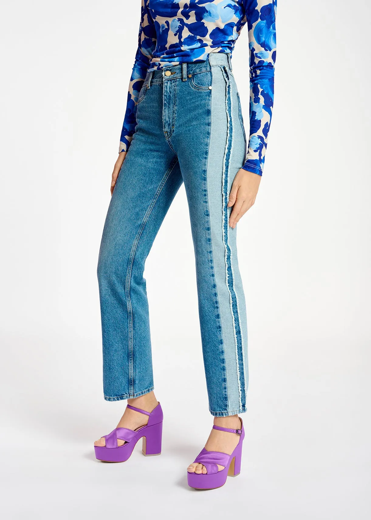 Blue denim straight-leg jeans with inside-out look