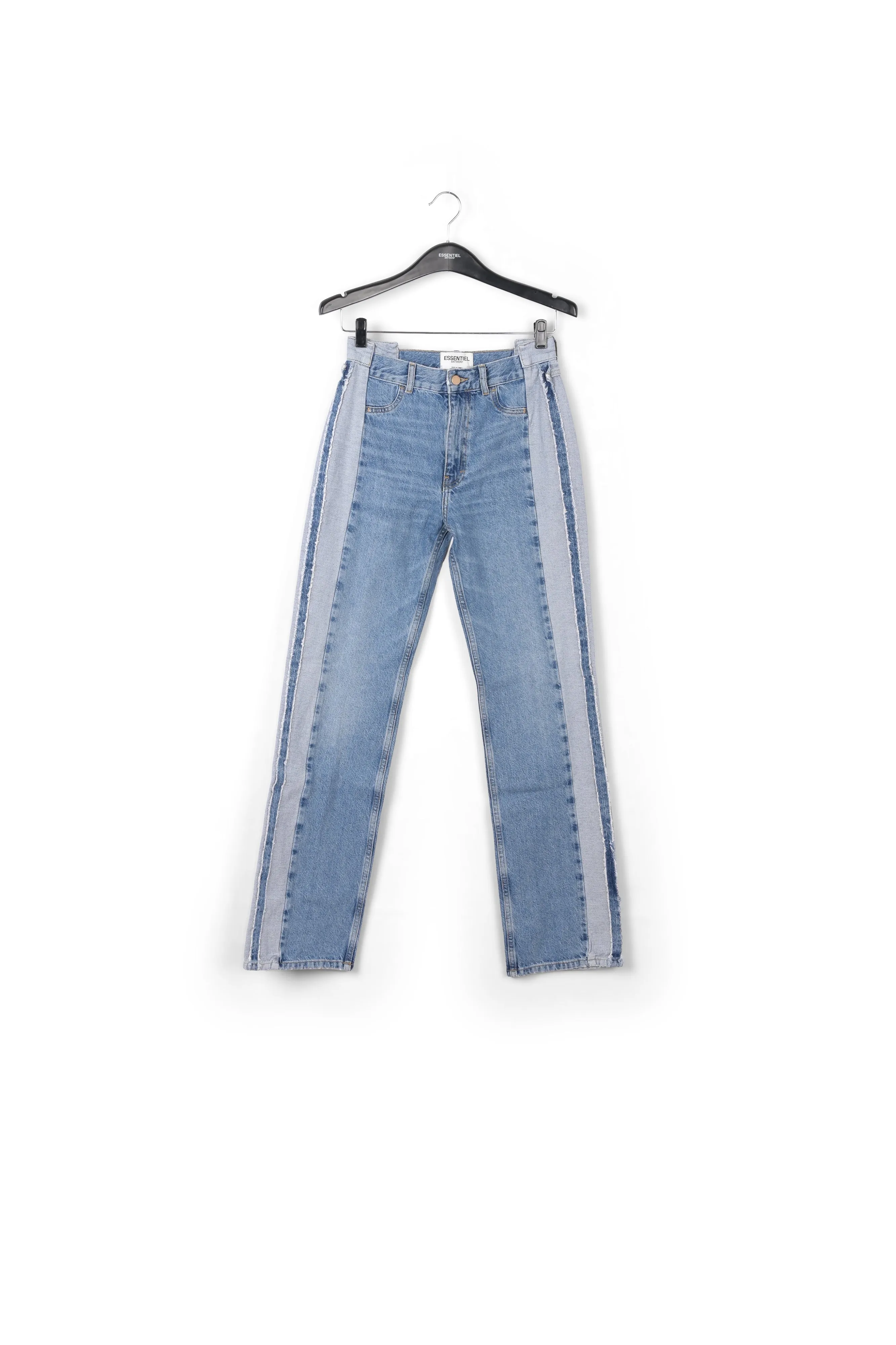 Blue denim straight-leg jeans with inside-out look