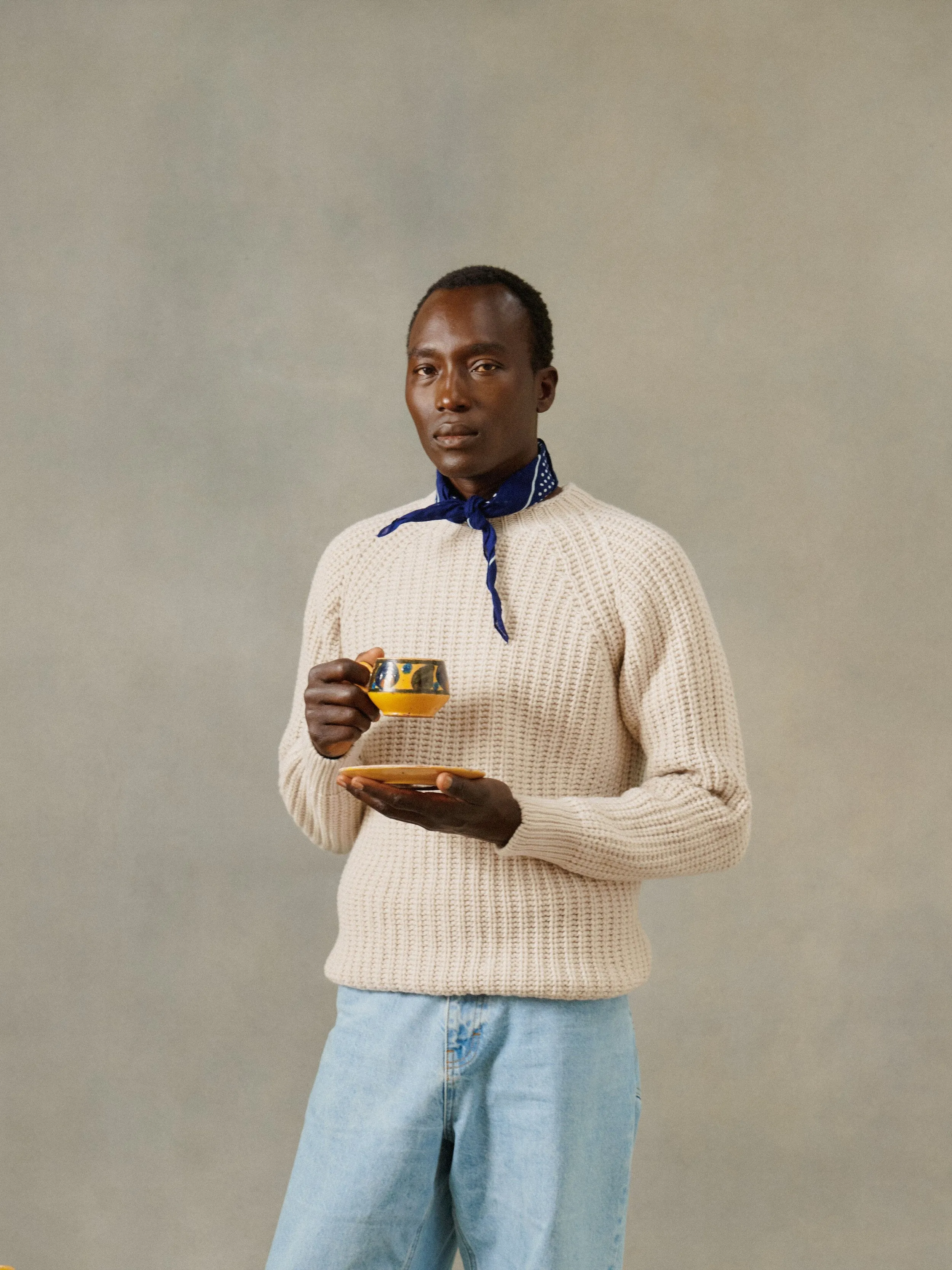 Blue Mogganer Fisherman Ribbed Raglan Chunky Geelong Sweater - Swansdown Natural