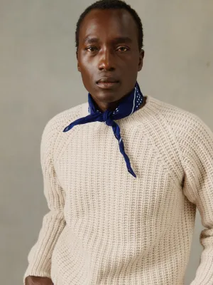 Blue Mogganer Fisherman Ribbed Raglan Chunky Geelong Sweater - Swansdown Natural