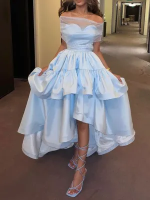 Blue Satin Mid-Length Dress for Women Custom Made Evening Dresses     fg6130