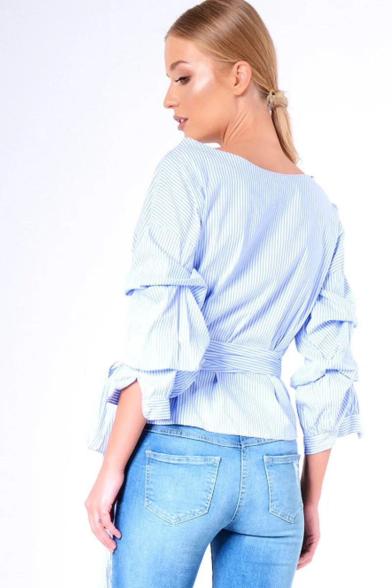 Blue Stripe Wrap Around Tie Waist Top - Rhona