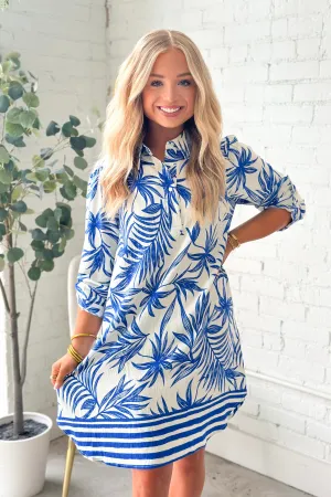 Blue Summer Leaf Print Collar Shift Dress