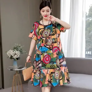 Bohemia Women Fashion Floral Print Half Sleeve Knee Length Dress Casual Maxi Loose Party Tunic Robes