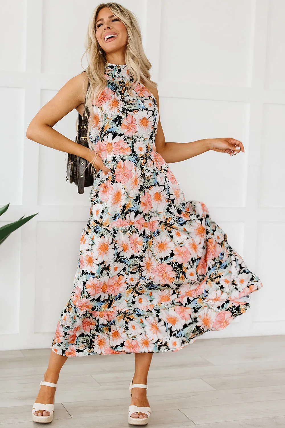 Boho Floral Knotted Halter Maxi Dress
