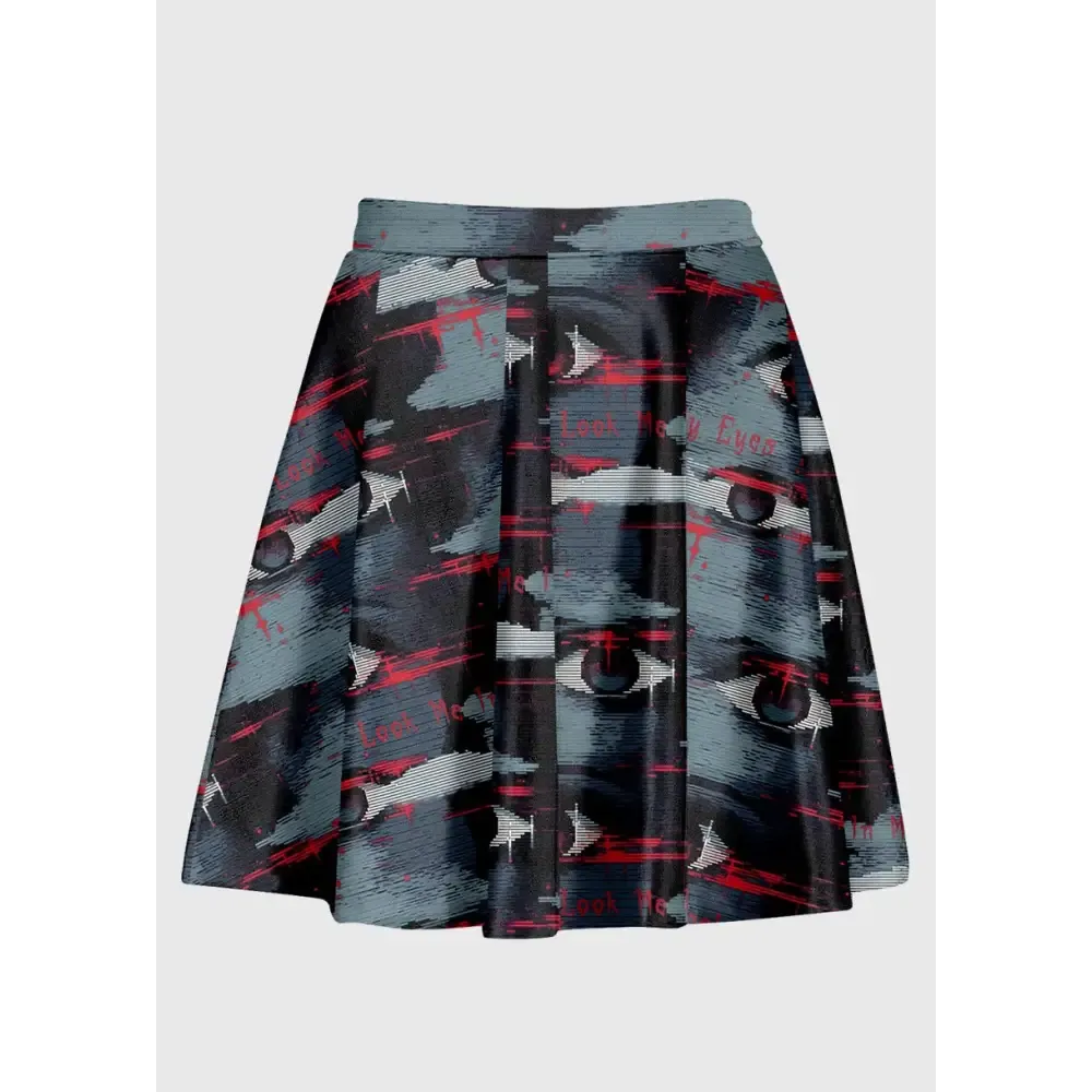 Bold Glitch Eye Skater Skirt for a Weirdcore Aesthetic