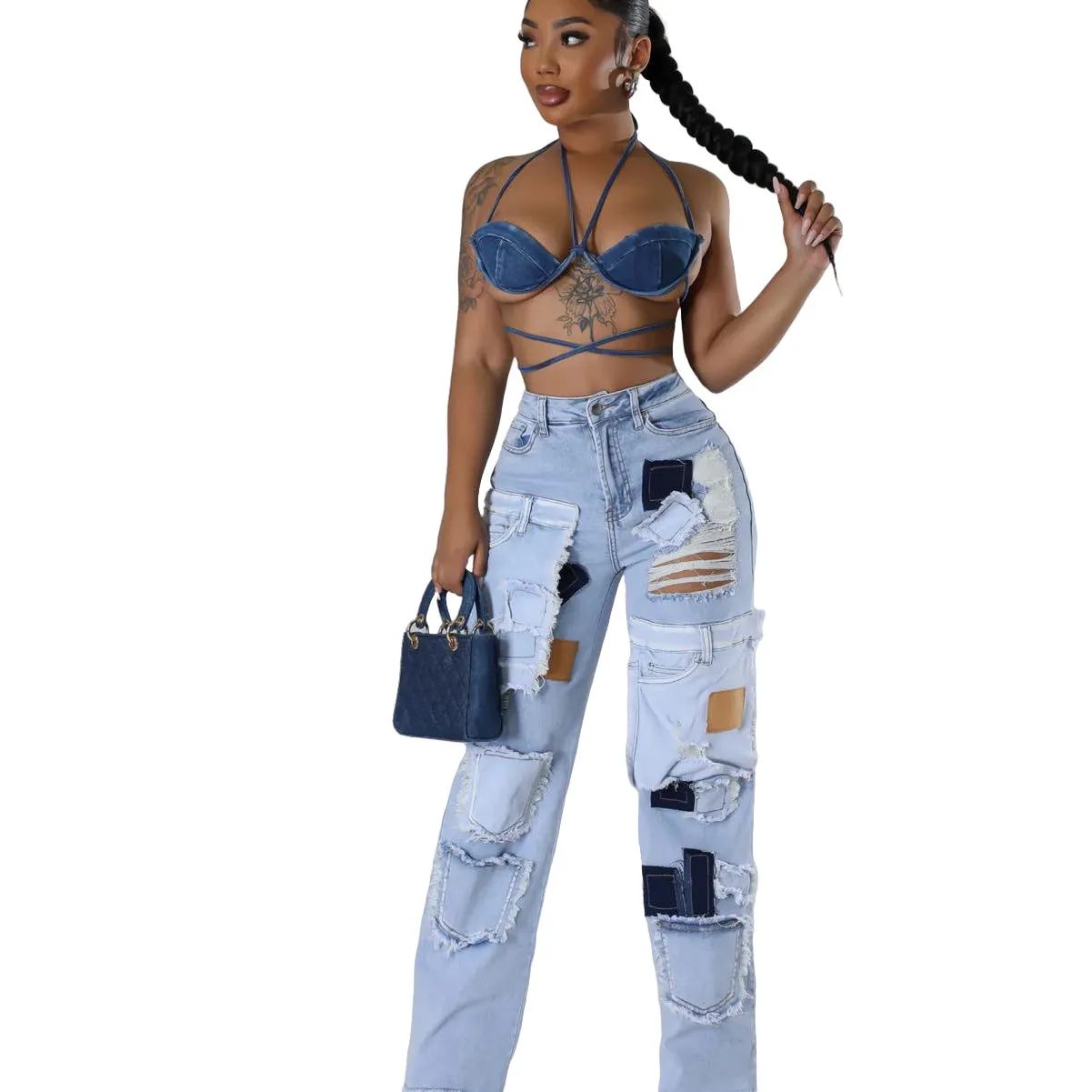 Bold Patchwork Ripped Denim Straight-Leg Jeans with Distressed Detailing