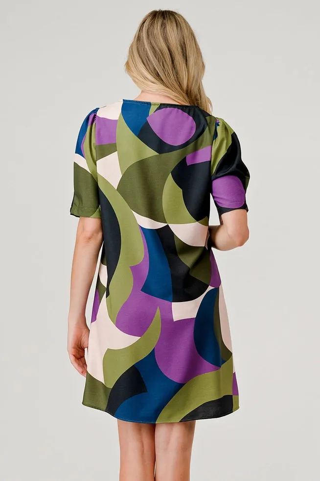 Brandy Short Puff Sleeve Shift Dress - Geometric Olive Print