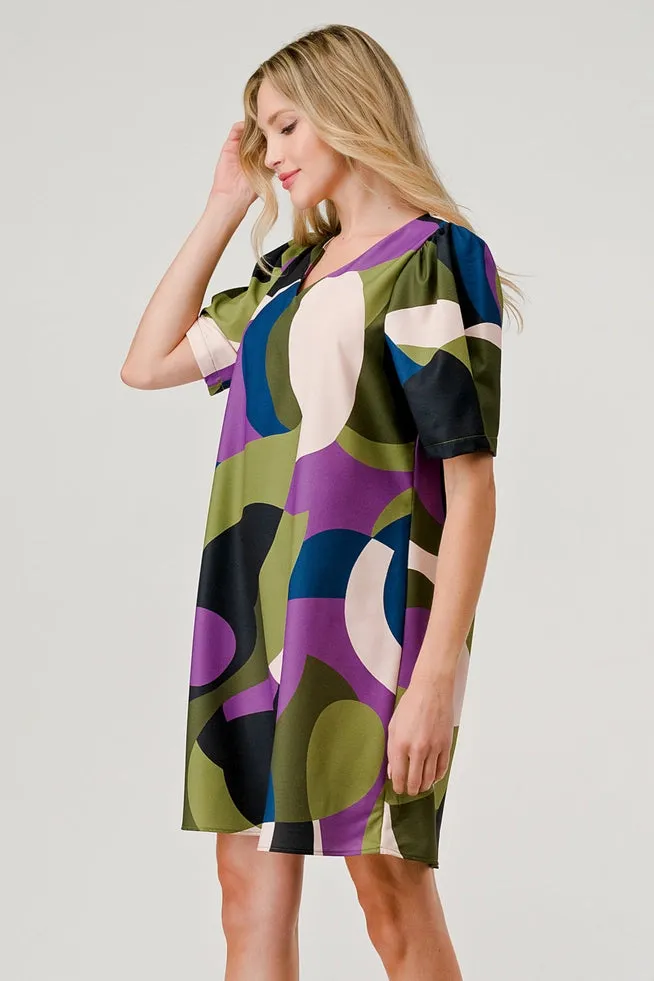 Brandy Short Puff Sleeve Shift Dress - Geometric Olive Print