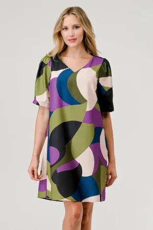 Brandy Short Puff Sleeve Shift Dress - Geometric Olive Print