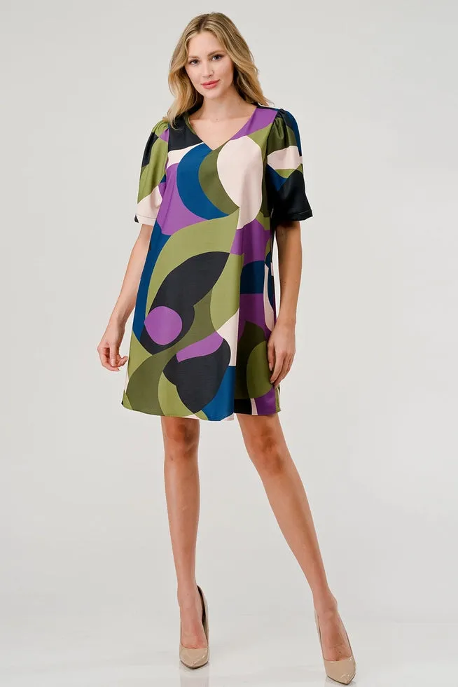 Brandy Short Puff Sleeve Shift Dress - Geometric Olive Print