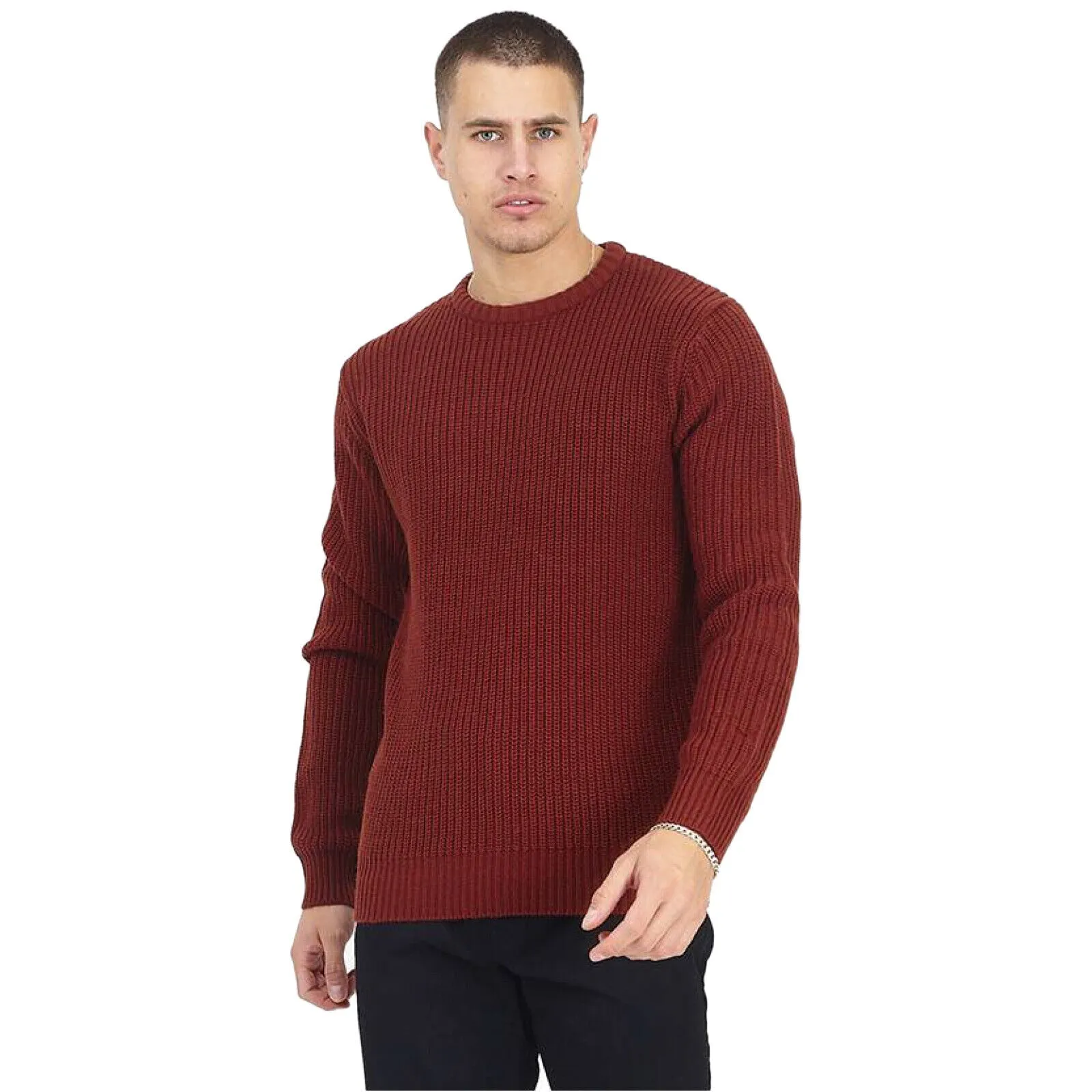BRAVE SOUL MENS CREW NECK JUMPER LONG SLEEVE CHUNKY CABLE KNIT WINTER SWEATERS