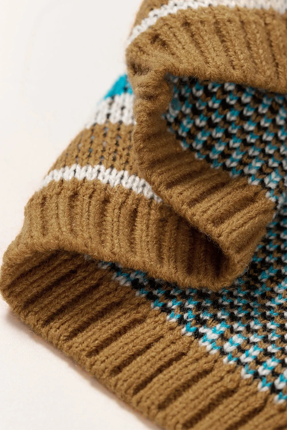 Brown Aztec Striped Knit Ribbed Trim Sweater