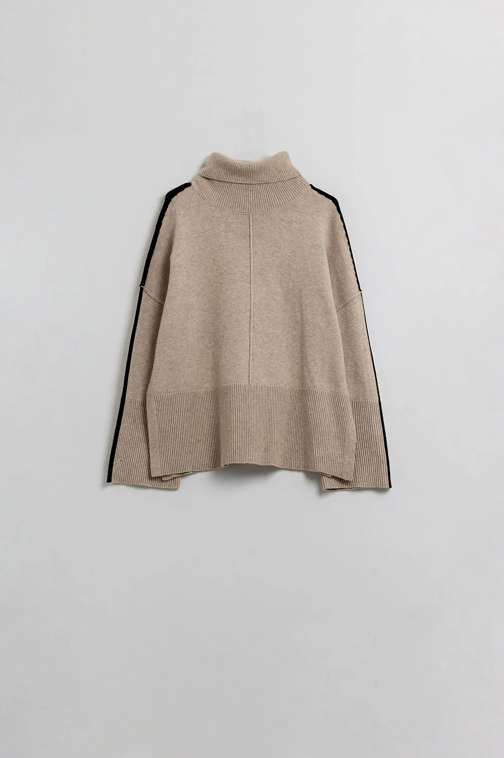 Camel turtleneck sweater with black side stripe