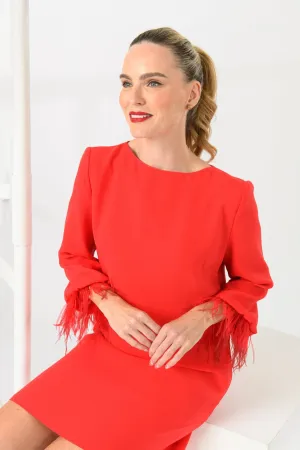 Caroline Kilkenny Ginta Red Shift Dress With Feather Trim Sleeves