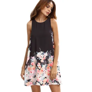Casual Dresses For Women Summer Ladies Multicolor Floral Round Neck Sleeveless Cut Out Short Shift Dress