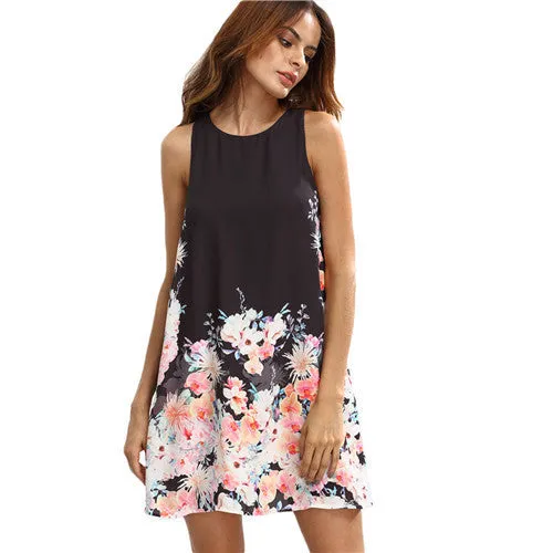 Casual Dresses For Women Summer Ladies Multicolor Floral Round Neck Sleeveless Cut Out Short Shift Dress