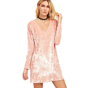 Casual Dresses Woman Long Sleeve Dresses Autumn Dress Vintage Pink Velvet V Neck Shift Dress
