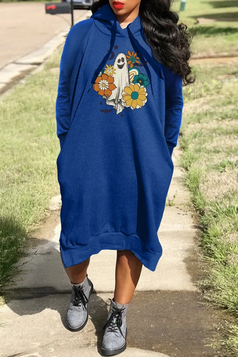 Casual Print Basic Hooded Collar Long Sleeve Dresses