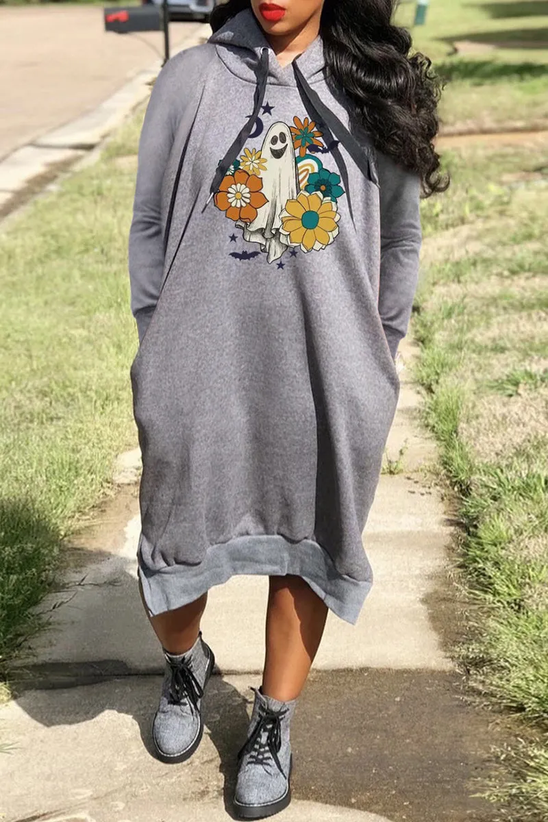 Casual Print Basic Hooded Collar Long Sleeve Dresses