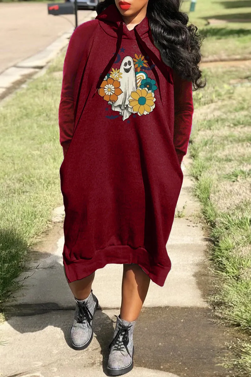 Casual Print Basic Hooded Collar Long Sleeve Dresses