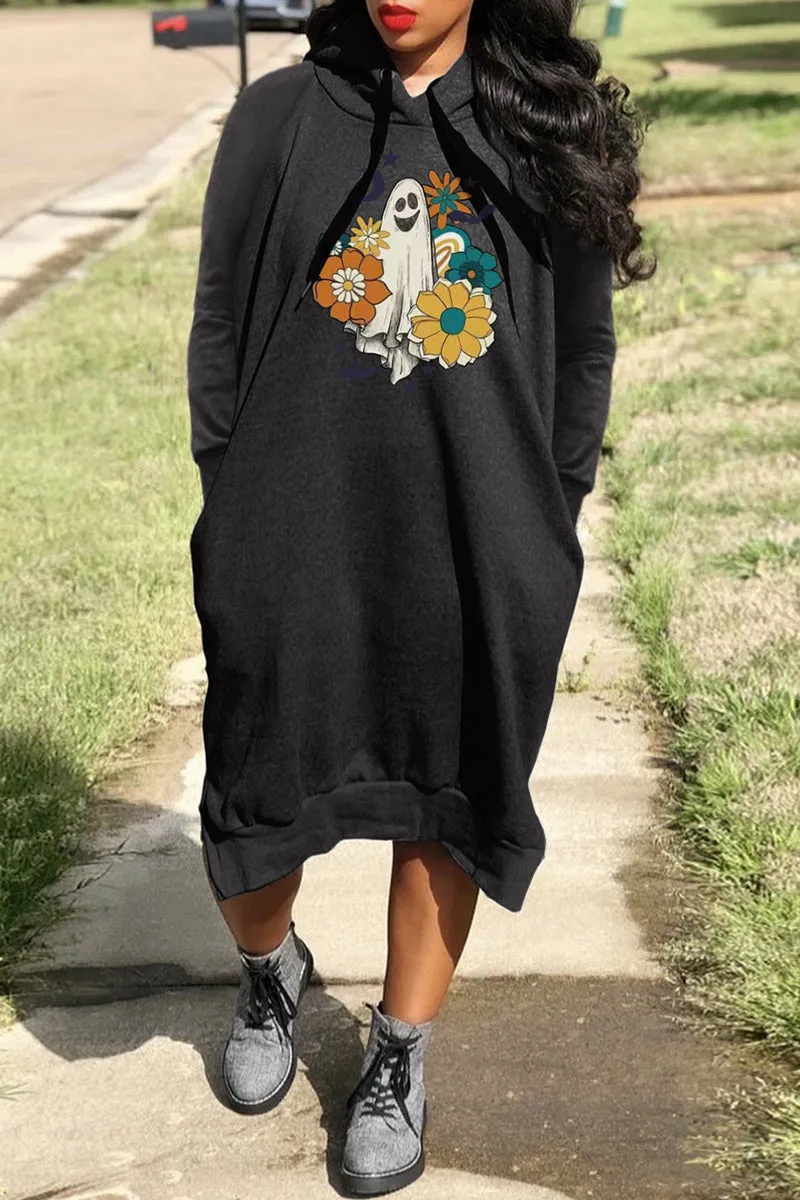 Casual Print Basic Hooded Collar Long Sleeve Dresses