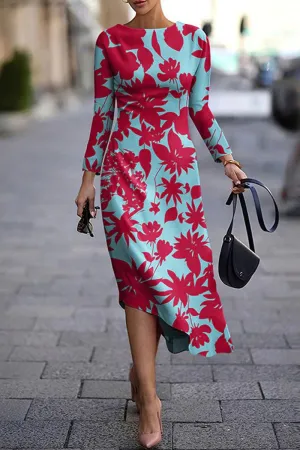 Casual Print Basic O Neck Long Sleeve Dresses(5 Colors)