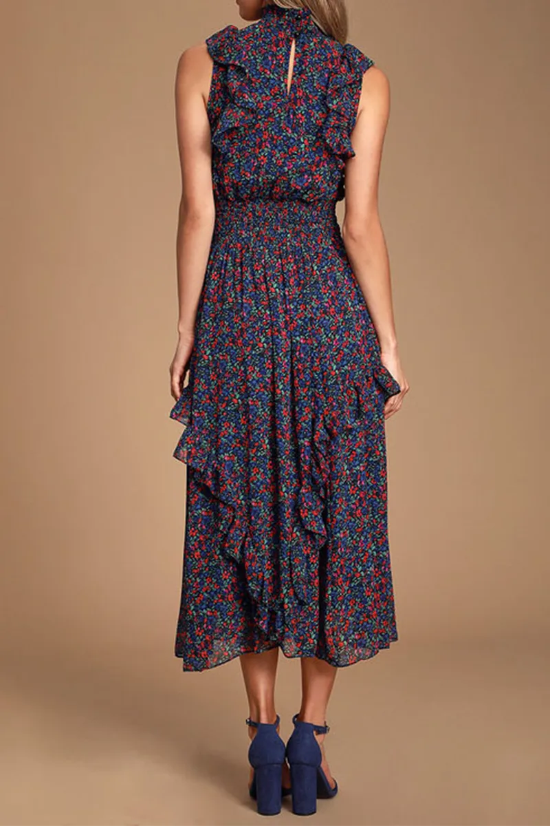 Casual Print Flounce Half A Turtleneck Waist Skirt Dresses